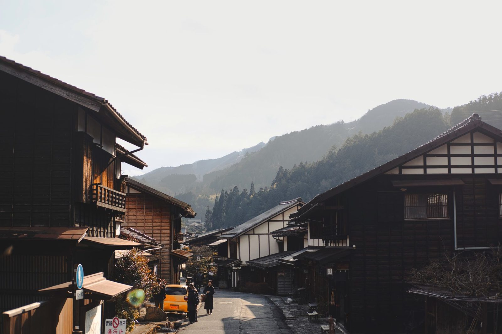 Private onsen with steam rising over a valley in Kiso Valley, Nagano