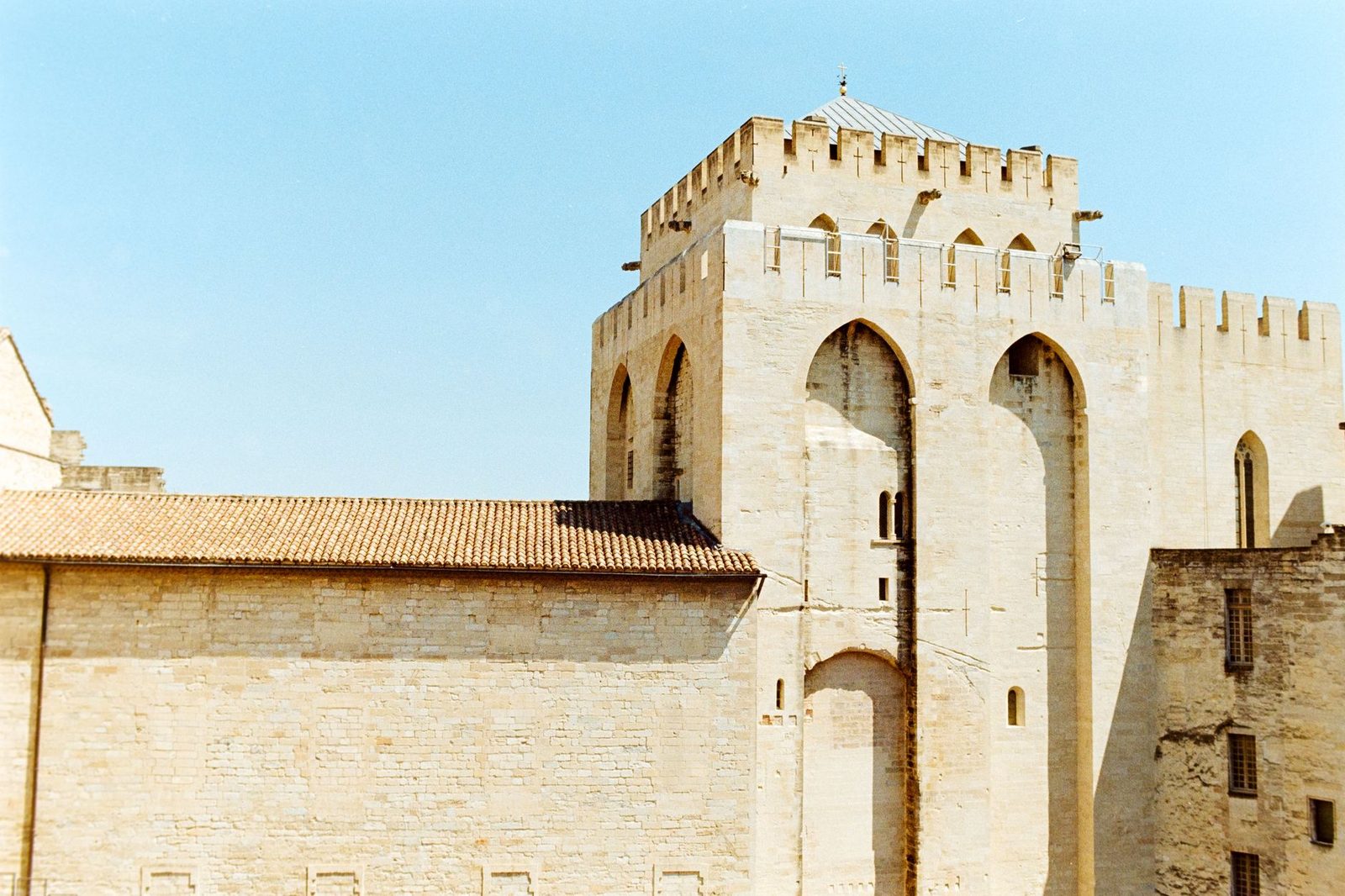 A scenic view of a luxurious river cruise ship docked at the historic Palace of the Popes in Avignon, France. The Gothic architecture and vibrant cityscape create a picturesque setting for travelers exploring French history and culture.