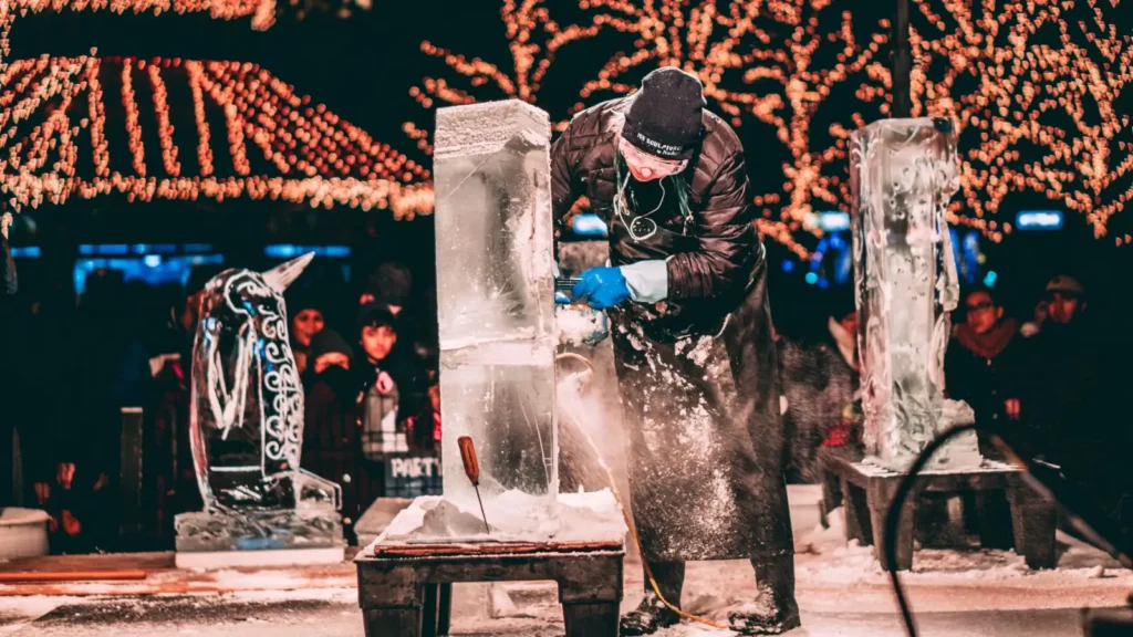 Illuminated snow sculptures at Sapporo Snow Festival, Hokkaido